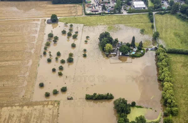 Aerial photo, Ruhr flood, flooding, Kettwig, Essen, Ruhr area, North Rhine-Westphalia, Germany, DE, Europe, birds-eyes view, aerial photo, aerial photography, aerial photography, overview, bird's eye view, floods, floods of the century