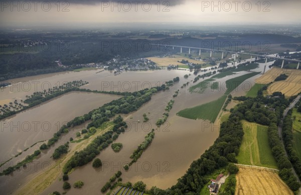 Aerial photo, Ruhr flood, flooding, Ruhr between Essen-Kettwig and Mülheim on the A52 motorway bridge, Kettwig, Essen, Ruhr area, North Rhine-Westphalia, Germany, DE, Europe, birds-eyes view, aerial photography, aerial photography, overview, bird's eye view, floods, floods of the century