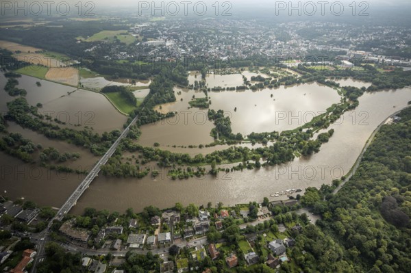Aerial photo, Ruhr flood, flooding, Ruhr flooding near Menden and Ickten, Mülheim an der Ruhr, Ruhr area, North Rhine-Westphalia, Germany, DE, Europe, birds-eyes view, aerial photo, aerial photography, aerial photography, overview, overview, bird's eye view, floods, floods of the century
