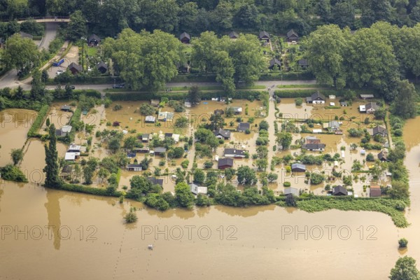Aerial view, Ruhr flood, flooding, flooded allotment garden site at Holunderweg Mintarder Straße, Saarn, Mülheim an der Ruhr, Ruhr area, North Rhine-Westphalia, Germany, DE, Europe, birds-eyes view, aerial photograph, aerial photography, aerial photography, overview, bird's eye view, floods, floods of the century