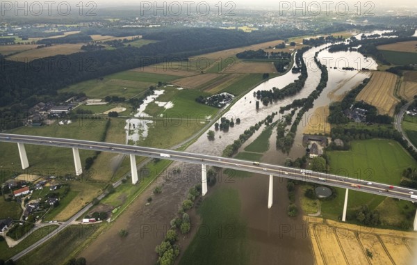 Aerial photo, Ruhr flood, flooding, A52 motorway bridge, Saarn, Mülheim an der Ruhr, Ruhr area, North Rhine-Westphalia, Germany, DE, Europe, birds-eyes view, aerial photo, aerial photography, aerial photography, overview, overview, bird's eye view, floods, floods of the century