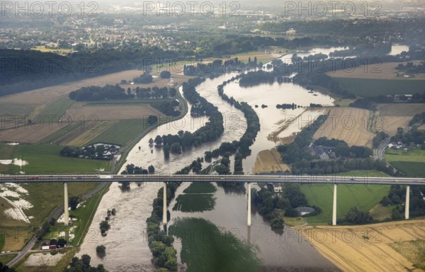 Aerial photo, Ruhr flood, flooding, A52 motorway bridge, Saarn, Mülheim an der Ruhr, Ruhr area, North Rhine-Westphalia, Germany, DE, Europe, birds-eyes view, aerial photo, aerial photography, aerial photography, overview, overview, bird's eye view, floods, floods of the century