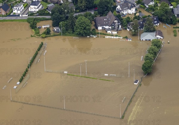 Aerial photo, Ruhr floods, flooding, DJK Blau-Weiß Mintard e.V., Kettwig, Essen, Ruhr area, North Rhine-Westphalia, Germany, DE, Europe, birds-eyes view, aerial photo, aerial photography, aerial photography, overview, overview, bird's eye view, floods, floods of the century