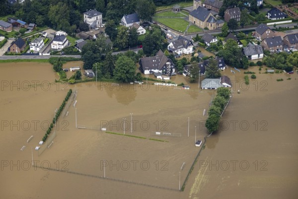 Aerial photo, Ruhr floods, flooding, DJK Blau-Weiß Mintard e.V., Kettwig, Essen, Ruhr area, North Rhine-Westphalia, Germany, DE, Europe, birds-eyes view, aerial photo, aerial photography, aerial photography, overview, overview, bird's eye view, floods, floods of the century