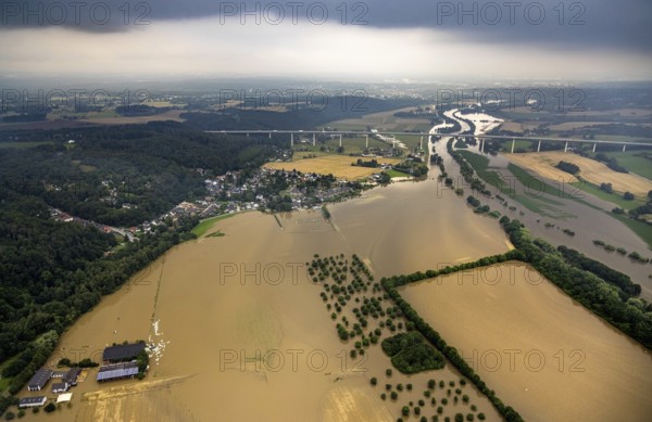 Aerial photo, Ruhr flood, flooding, Kettwig, Essen, Ruhr area, North Rhine-Westphalia, Germany, DE, Europe, birds-eyes view, aerial photo, aerial photography, aerial photography, overview, bird's eye view, floods, floods of the century