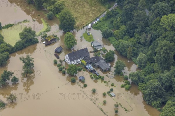 Aerial photo, Ruhr flood, flooding, Kettwig, Essen, Ruhr area, North Rhine-Westphalia, Germany, DE, Europe, birds-eyes view, aerial photo, aerial photography, aerial photography, overview, bird's eye view, floods, floods of the century