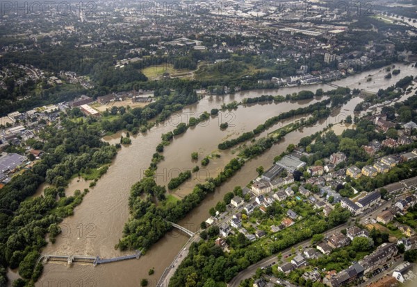 Aerial photo, Ruhr flood, flooding, Holthausen - West, Mülheim an der Ruhr, Ruhr area, North Rhine-Westphalia, Germany, DE, Europe, birds-eyes view, aerial photo, aerial photography, aerial photography, overview, overview, bird's eye view, floods, floods of the century