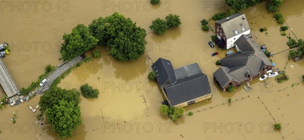 Aerial photo, Ruhr flood, flooding, Dumberg, Hattingen, Ruhr area, North Rhine-Westphalia, Germany, DE, Europe, birds-eyes view, aerial photo, aerial photography, aerial photography, overview, bird's eye view, flood, flood of the century, city boundary Bochum Hattingen