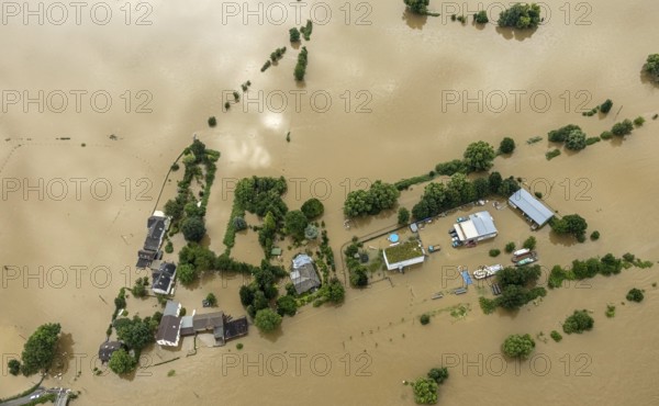 Aerial photo, Ruhr flood, flooding, Dumberg, Hattingen, Ruhr area, North Rhine-Westphalia, Germany, DE, Europe, birds-eyes view, aerial photo, aerial photography, aerial photography, overview, bird's eye view, flood, flood of the century, city boundary Bochum Hattingen