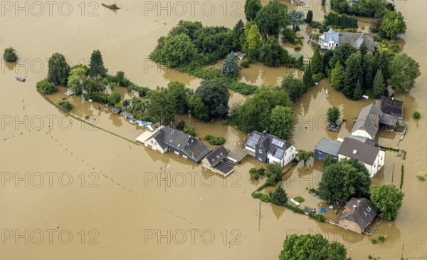 Aerial photo, Ruhr flood, flooding, Dahlhausen, Bochum, Ruhr area, North Rhine-Westphalia, Germany, DE, Europe, birds-eyes view, aerial photo, aerial photography, aerial photography, overview, bird's eye view, flood, flood of the century, city boundary Bochum Hattingen