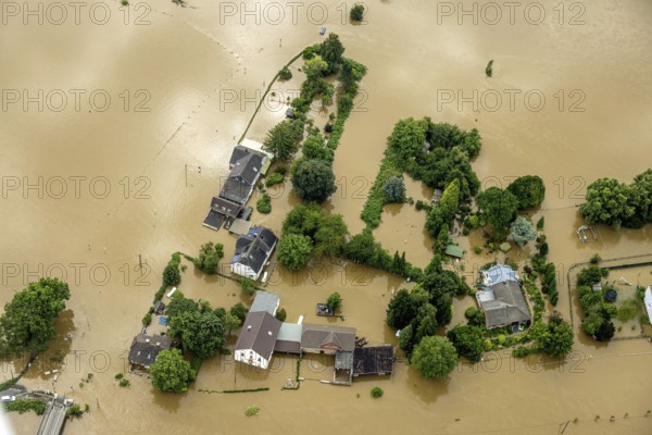 Aerial photo, Ruhr flood, flooding, Dumberg, Hattingen, Ruhr area, North Rhine-Westphalia, Germany, DE, Europe, birds-eyes view, aerial photo, aerial photography, aerial photography, overview, bird's eye view, flood, flood of the century, city boundary Bochum Hattingen
