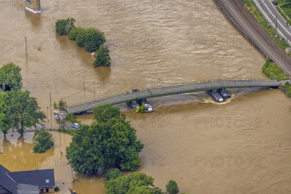 Aerial photo, Ruhr flood, flooding, Dahlhausen floating bridge, Linden, Bochum, Ruhr area, North Rhine-Westphalia, Germany, DE, Europe, birds-eyes view, aerial photo, aerial photography, aerial photography, overview, overview, bird's eye view, flood, flood of the century