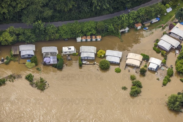 Aerial photograph, Ruhr flood, flooding, flooded campsite at Kempel in Niederwenigern, Hattingen, Ruhr area, North Rhine-Westphalia, Germany, DE, Europe, birds-eyes view, aerial photograph, aerial photography, aerial photography, overview, bird's eye view, flood, flood of the century