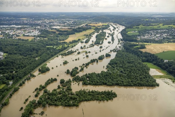 Aerial photo, Ruhr flood, flooding, Dumberg, Hattingen, Ruhr area, North Rhine-Westphalia, Germany, DE, Europe, birds-eyes view, aerial photo, aerial photography, aerial photography, overview, bird's eye view, flood, flood of the century, city boundary Bochum Hattingen