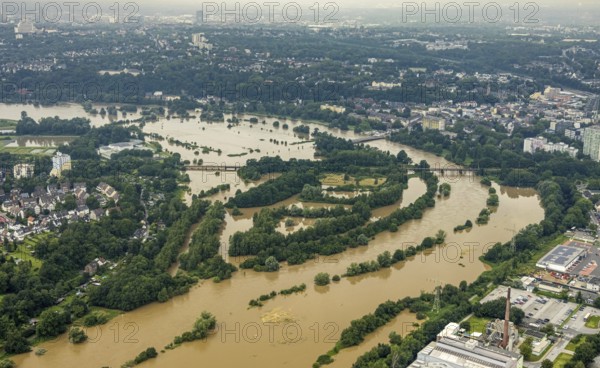 Aerial photo, Ruhr flood, flooding, Ruhrschleife Überruhr, Essen-Steele, Essen, Ruhr area, North Rhine-Westphalia, Germany, DE, Europe, birds-eyes view, aerial photography, aerial photography, aerial photography, overview, overview, bird's eye view, flood, flood of the century