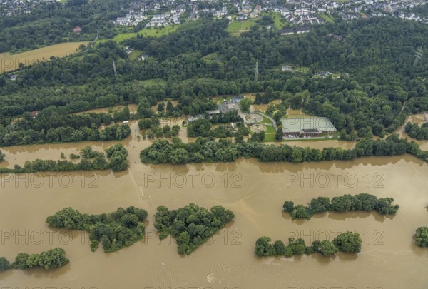 Aerial photo, Ruhr flood, flooding, Burgaltendorf, Essen, Ruhr area, North Rhine-Westphalia, Germany, DE, Europe, birds-eyes view, aerial photo, aerial photography, aerial photography, overview, overview, bird's eye view, flood, flood of the century