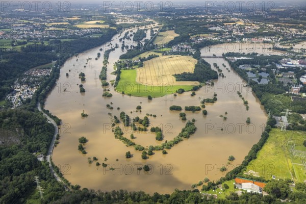 Aerial photo, Ruhr flood, flooding, Ruhrschleife Isenbergstraße, Hattingen, Ruhr area, North Rhine-Westphalia, Germany, DE, Europe, birds-eyes view, aerial photo, aerial photography, aerial photography, overview, overview, bird's eye view, flood, flood of the century