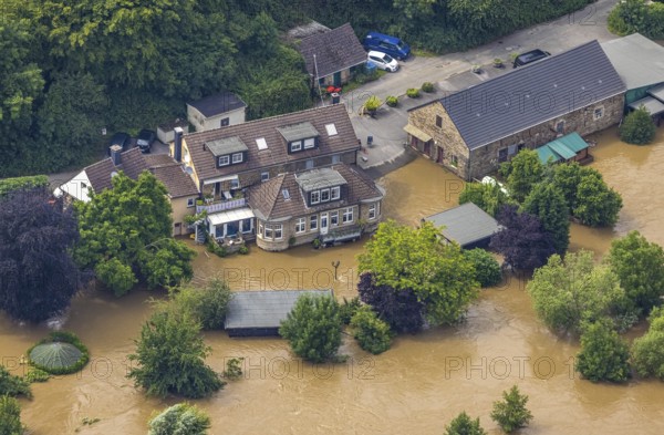 Aerial photograph, Ruhr flood, flooding, flooded campsite at Kempel in Niederwenigern, Hattingen, Ruhr area, North Rhine-Westphalia, Germany, DE, Europe, birds-eyes view, aerial photograph, aerial photography, aerial photography, overview, bird's eye view, flood, flood of the century