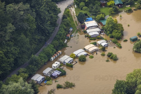 Aerial photograph, Ruhr flood, flooding, flooded campsite at Kempel in Niederwenigern, Hattingen, Ruhr area, North Rhine-Westphalia, Germany, DE, Europe, birds-eyes view, aerial photograph, aerial photography, aerial photography, overview, bird's eye view, flood, flood of the century