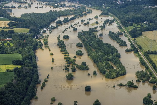 Aerial photo, Ruhr flood, flooding, Winz, Hattingen, Ruhr area, North Rhine-Westphalia, Germany, DE, Europe, birds-eyes view, aerial photo, aerial photography, aerial photography, overview, overview, bird's eye view, flood, century flood
