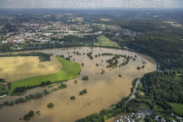 Aerial photo, Ruhr flood, flooding, Ruhrschleife Isenbergstraße, Hattingen, Ruhr area, North Rhine-Westphalia, Germany, DE, Europe, birds-eyes view, aerial photo, aerial photography, aerial photography, overview, overview, bird's eye view, flood, flood of the century
