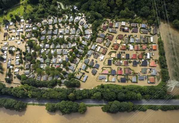 Aerial photo, Ruhr flood, flooding, flooded campsite leisure centre Ruhr Valley, Winz, Hattingen, Ruhr area, North Rhine-Westphalia, Germany, DE, Europe, birds-eyes view, aerial photograph, aerial photography, aerial photography, overview, overview, bird's eye view, flood, century flood