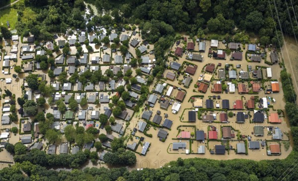 Aerial photo, Ruhr flood, flooding, flooded campsite leisure centre Ruhr Valley, Winz, Hattingen, Ruhr area, North Rhine-Westphalia, Germany, DE, Europe, birds-eyes view, aerial photograph, aerial photography, aerial photography, overview, overview, bird's eye view, flood, century flood