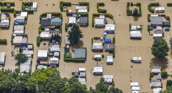 Aerial photo, Ruhr flood, flooding, flooded campsite leisure centre Ruhr Valley, Winz, Hattingen, Ruhr area, North Rhine-Westphalia, Germany, DE, Europe, birds-eyes view, aerial photograph, aerial photography, aerial photography, overview, overview, bird's eye view, flood, century flood