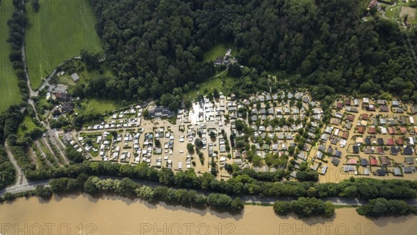 Aerial photo, Ruhr flood, flooding, flooded campsite leisure centre Ruhr Valley, Winz, Hattingen, Ruhr area, North Rhine-Westphalia, Germany, DE, Europe, birds-eyes view, aerial photograph, aerial photography, aerial photography, overview, overview, bird's eye view, flood, century flood
