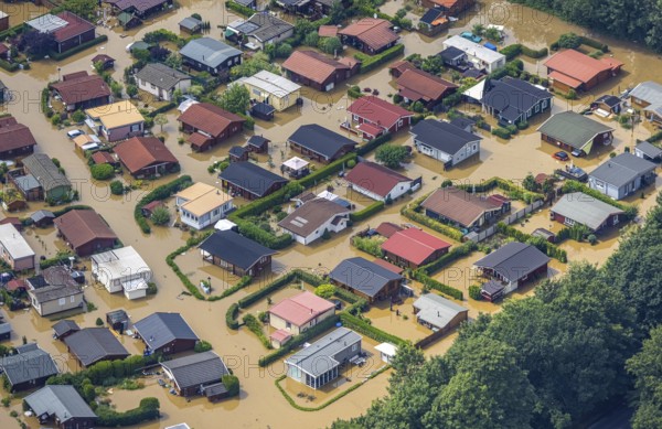 Aerial photo, Ruhr flood, flooding, flooded campsite leisure centre Ruhr Valley, Winz, Hattingen, Ruhr area, North Rhine-Westphalia, Germany, DE, Europe, birds-eyes view, aerial photograph, aerial photography, aerial photography, overview, overview, bird's eye view, flood, century flood