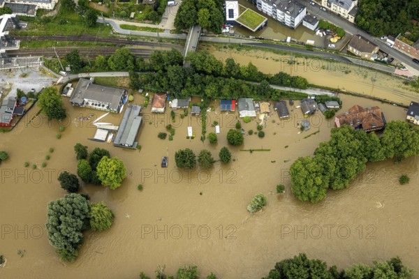 Aerial photo, Ruhr flood, flooding, Dahlhausen, Bochum, Ruhr area, North Rhine-Westphalia, Germany, DE, Europe, birds-eyes view, aerial photo, aerial photography, aerial photography, overview, overview, bird's eye view, flood, century flood