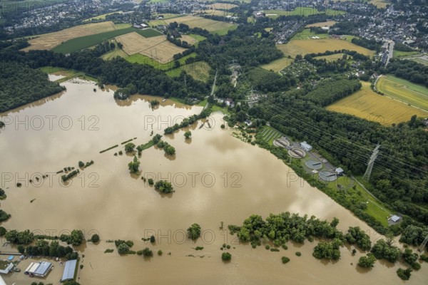 Aerial photo, Ruhr flood, flooding, Dumberg, Hattingen, Ruhr area, North Rhine-Westphalia, Germany, DE, Europe, birds-eyes view, aerial photo, aerial photography, aerial photography, overview, bird's eye view, flood, flood of the century, city boundary Bochum Hattingen
