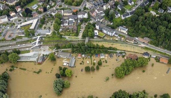 Aerial photo, Ruhr flood, flooding, Dahlhausen, Bochum, Ruhr area, North Rhine-Westphalia, Germany, DE, Europe, birds-eyes view, aerial photo, aerial photography, aerial photography, overview, overview, bird's eye view, flood, century flood