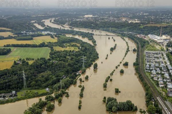 Aerial photo, Ruhr flood, flooding, Dahlhausen, Bochum, Ruhr area, North Rhine-Westphalia, Germany, DE, Europe, birds-eyes view, aerial photo, aerial photography, aerial photography, overview, bird's eye view, flood, flood of the century, city boundary Bochum Hattingen