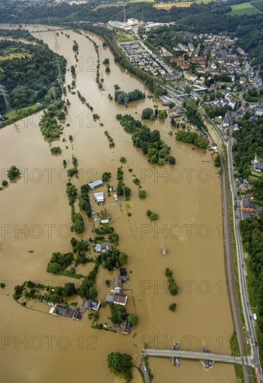 Aerial photo, Ruhr flood, flooding, floating bridge Dahlhausen, Linden, Bochum, Ruhr area, North Rhine-Westphalia, Germany, DE, Europe, birds-eyes view, aerial photo, aerial photography, aerial photography, overview, bird's eye view, flood, flood of the century, city boundary Bochum Hattingen