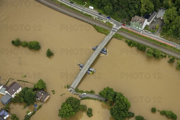 Aerial photo, Ruhr flood, flooding, Dahlhausen floating bridge, Linden, Bochum, Ruhr area, North Rhine-Westphalia, Germany, Hattingen, DE, Europe, birds-eyes view, aerial photo, aerial photography, aerial photography, overview, overview, bird's eye view, flood, flood of the century, city boundary Bochum Hattingen
