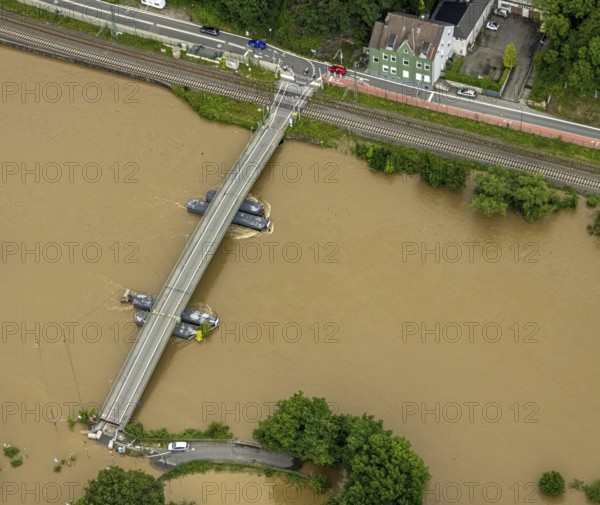 Aerial photo, Ruhr flood, flooding, Dahlhausen floating bridge, Linden, Bochum, Ruhr area, North Rhine-Westphalia, Germany, Hattingen, DE, Europe, birds-eyes view, aerial photo, aerial photography, aerial photography, overview, overview, bird's eye view, flood, flood of the century, city boundary Bochum Hattingen