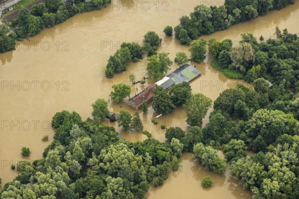 Aerial photograph, Ruhr flood, flooding, flooded ferry house Rote Mühle, Heisingen, Essen, Ruhr area, North Rhine-Westphalia, Germany, DE, Europe, birds-eyes view, aerial photograph, aerial photography, aerial photography, overview, overview, bird's eye view, flood, century flood
