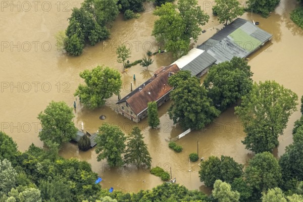 Aerial photograph, Ruhr flood, flooding, flooded ferry house Rote Mühle, Heisingen, Essen, Ruhr area, North Rhine-Westphalia, Germany, DE, Europe, birds-eyes view, aerial photograph, aerial photography, aerial photography, overview, overview, bird's eye view, flood, century flood