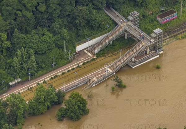 Aerial photograph, Ruhr flood, flooding, flooded train line at Holthausen Bf station, Heisingen, Essen, Ruhr area, North Rhine-Westphalia, Germany, DE, Europe, birds-eyes view, aerial photograph, aerial photography, aerial photography, overview, overview, bird's eye view, flood, flood of the century
