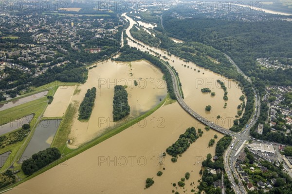 Aerial photo, Ruhr flood, flooding, Konrad-Adenauer-Brücke, Bergerhausen, Essen, Ruhr area, North Rhine-Westphalia, Germany, DE, Europe, birds-eyes view, aerial photo, aerial photography, aerial photography, overview, overview, bird's eye view, flood, flood of the century