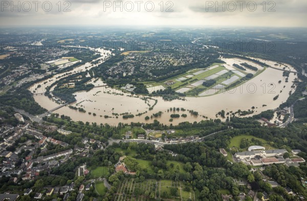 Aerial photo, Ruhr flood, flooding, Ruhrschleife Überruhr, Essen-Steele, Essen, Ruhr area, North Rhine-Westphalia, Germany, DE, Europe, birds-eyes view, aerial photography, aerial photography, aerial photography, overview, overview, bird's eye view, flood, flood of the century