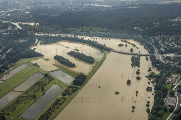Aerial photo, Ruhr flood, flooding, Konrad-Adenauer-Brücke, Bergerhausen, Essen, Ruhr area, North Rhine-Westphalia, Germany, DE, Europe, birds-eyes view, aerial photo, aerial photography, aerial photography, overview, overview, bird's eye view, flood, flood of the century