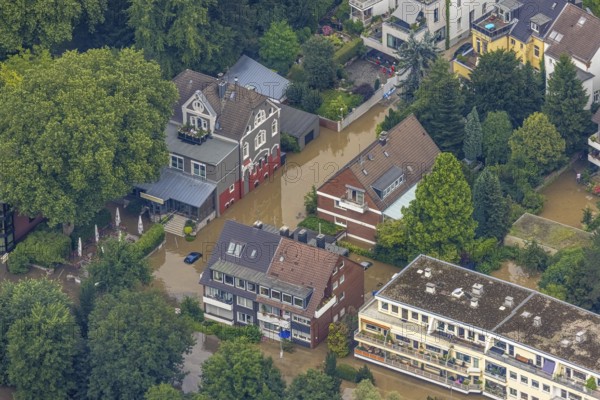 Aerial photo, Ruhr floods, floods at Laupendahler Landstraße in Essen-Werden, Werden, Essen, Ruhr area, North Rhine-Westphalia, Germany, DE, Europe, birds-eyes view, aerial photo, aerial photography, aerial photography, overview, overview, bird's eye view, flood, flood of the century, flooding