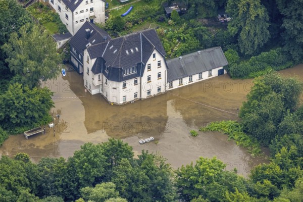 Aerial photo, Ruhr floods, floods at Laupendahler Landstraße in Essen-Werden, Werden, Essen, Ruhr area, North Rhine-Westphalia, Germany, DE, Europe, birds-eyes view, aerial photo, aerial photography, aerial photography, overview, overview, bird's eye view, flood, flood of the century, flooding