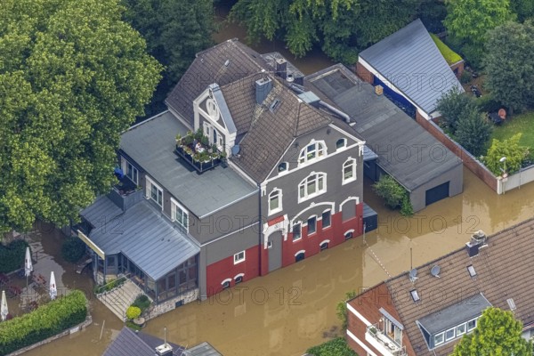 Aerial photo, Ruhr floods, floods at Laupendahler Landstraße in Essen-Werden, Werden, Essen, Ruhr area, North Rhine-Westphalia, Germany, DE, Europe, birds-eyes view, aerial photo, aerial photography, aerial photography, overview, overview, bird's eye view, flood, flood of the century, flooding