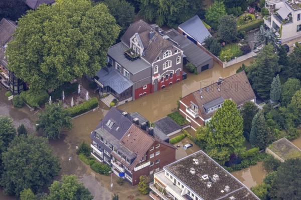 Aerial photo, Ruhr floods, floods at Laupendahler Landstraße in Essen-Werden, Werden, Essen, Ruhr area, North Rhine-Westphalia, Germany, DE, Europe, birds-eyes view, aerial photo, aerial photography, aerial photography, overview, overview, bird's eye view, flood, flood of the century, flooding