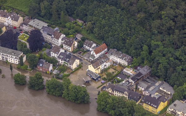 Aerial photo, Ruhr floods, floods at Laupendahler Landstraße in Essen-Werden, Werden, Essen, Ruhr area, North Rhine-Westphalia, Germany, DE, Europe, birds-eyes view, aerial photo, aerial photography, aerial photography, overview, overview, bird's eye view, flood, flood of the century, flooding