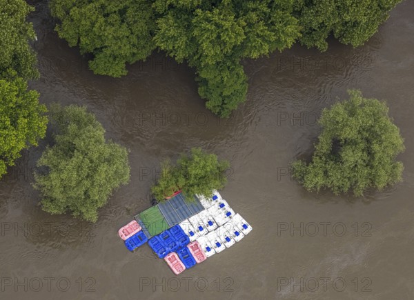 Aerial photograph, Ruhr flood, flooding, flooded Brehminsel Essen-Werden, Essen-Bredeney, Essen, Ruhr area, North Rhine-Westphalia, Germany, DE, Europe, birds-eyes view, aerial photograph, aerial photography, aerial photography, overview, overview, bird's eye view, flood, flood of the century