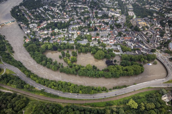 Aerial photograph, Ruhr flood, flooding, flooded Brehminsel Essen-Werden, Essen-Bredeney, Essen, Ruhr area, North Rhine-Westphalia, Germany, DE, Europe, birds-eyes view, aerial photograph, aerial photography, aerial photography, overview, overview, bird's eye view, flood, flood of the century